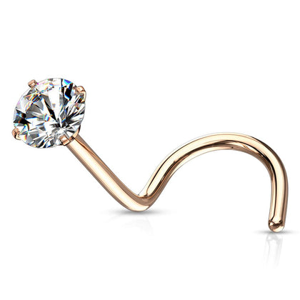 Rose Gold PVD over Surgical Steel White Round CZ Prong Gem Corkscrew Nose Ring Stud - Pierced Universe