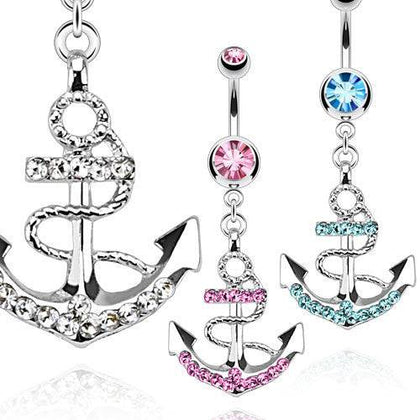 Ship Nautical Anchor CZ Gem Belly Button Navel Ring - Pierced Universe