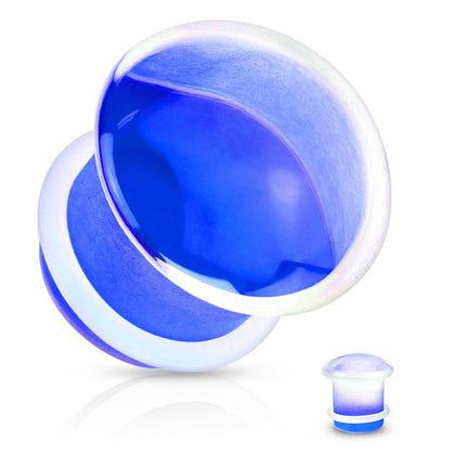 Single Flared Blue Glass Ear Plug w. Clear O-Ring