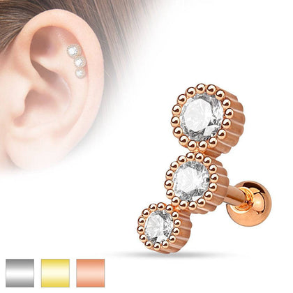 Surgical Steel 3 Consecutive CZ Gem Ball Back Ear Cartilage Helix Stud Barbell - Pierced Universe