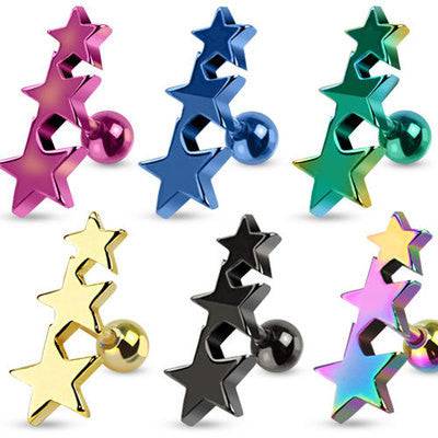 Surgical Steel 3 Consecutive Star Helix Cartilage Stud Ring - Pierced Universe