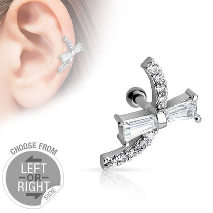 Surgical Steel Barbell with CZ Baguette Ribbon Bow Ear Cartilage Stud