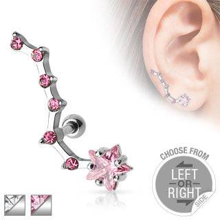 Surgical Steel Barbell with Prong Set Star and Trailing CZ Tail Ear Lobe Cartilage Stud - Pierced Universe