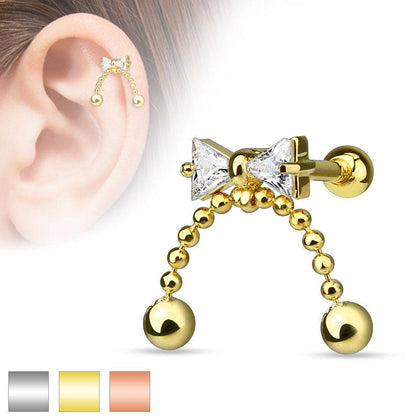 Surgical Steel Beaded Dangle Ribbon Ball Back Cartilage Ring