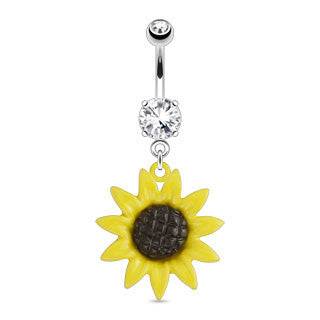 Surgical Steel Belly Button Navel Ring Bar with Dangling Sunflower