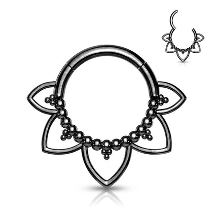 Surgical Steel Black PVD Floral Tribal Hinged Septum Ring Hoop Clicker - Pierced Universe