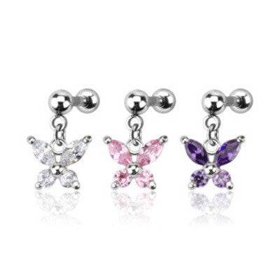 Surgical Steel Dangle CZ Butterfly Cartilage Tragus Ring