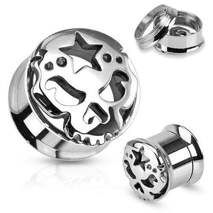 Surgical Steel Double Flared Screw On Star Skull Head Ear Tunnels Plugs Gauges Spacers