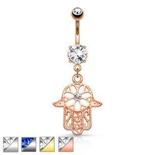 Surgical Steel Floral Hamsa Hand of Fatima CZ Dangling Belly Button Navel Ring - Pierced Universe