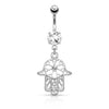 Surgical Steel Floral Hamsa Hand of Fatima CZ Dangling Belly Button Navel Ring - Pierced Universe