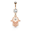 Surgical Steel Floral Hamsa Hand of Fatima CZ Dangling Belly Button Navel Ring - Pierced Universe