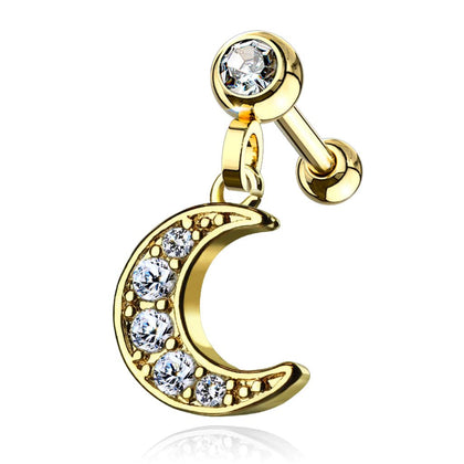 Surgical Steel Gold Plated Ball Back Crescent Moon White CZ Dangle Cartilage Ring