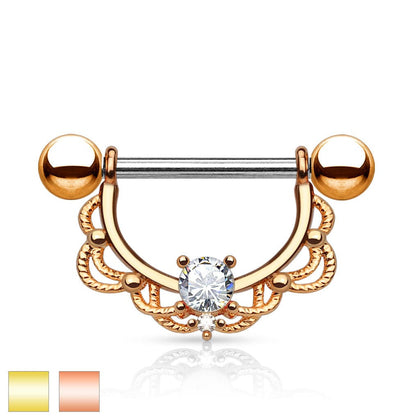 Surgical Steel Gold Plated Laced Single Gem Nipple Ring Shield Barbell - Pierced Universe