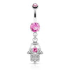 Surgical Steel Hamsa Hand Paved CZ Belly Button Dangle Navel Ring - Pierced Universe