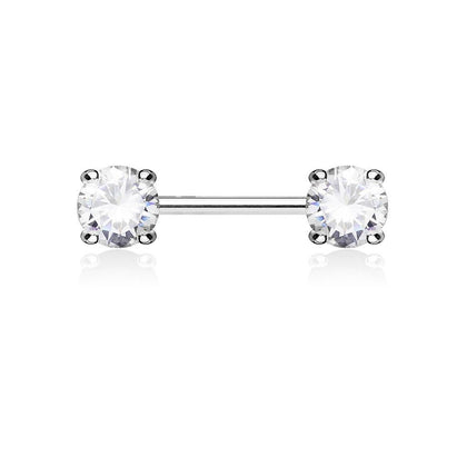 Surgical Steel Prong Double Round White CZ Nipple Ring Barbell - Pierced Universe