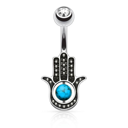 Surgical Steel Turquoise Palm Hamsa Hand of Fatima Belly Button Navel Ring