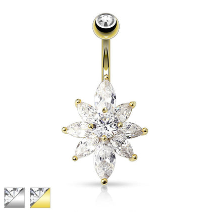 Surgical Steel White Flower Petal CZ Belly Button Navel Ring - Pierced Universe