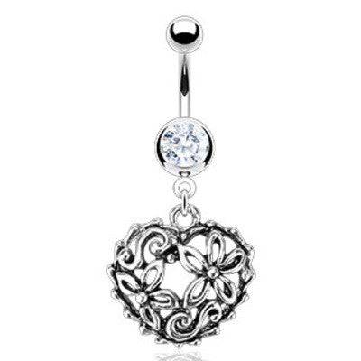 Vintage Heart and Flower CZ Dangle Surgical Steel Belly Button Navel Ring